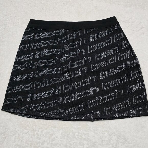 Poster Grl Black Denim Wrap Skirt – Attached Pocket, Belt Closure, Text Print, M - Picture 8 of 13